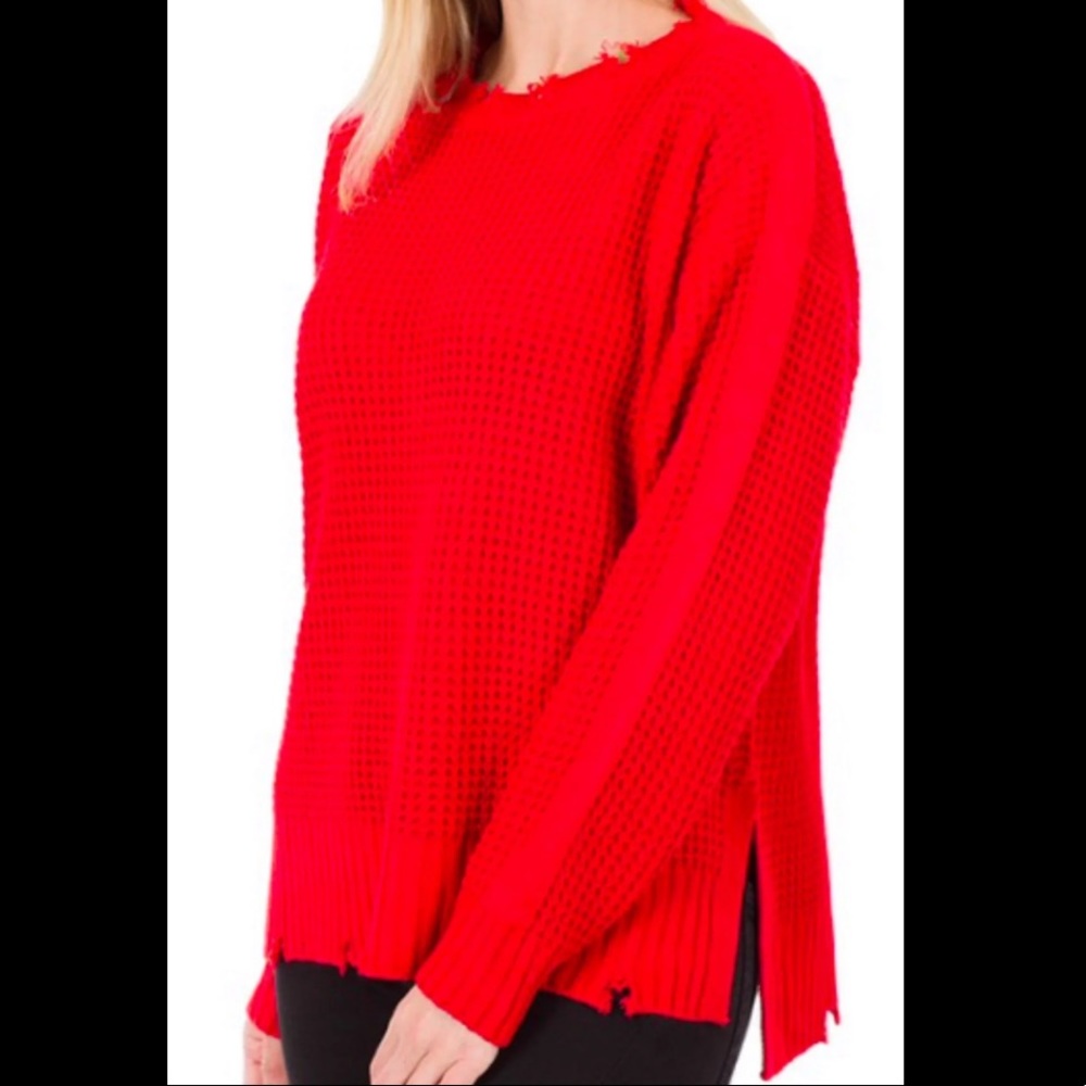 NEW - L - Zenana Disrtessed Red Sweater